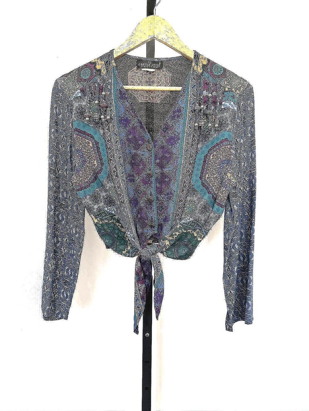 Carol Little Vintage Patterned Tie-Front Button-Up Blouse Size 8